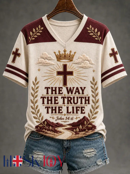 Women’s The Way The Truth The Life Print Casual V-Neck Tee - Apricot / S
