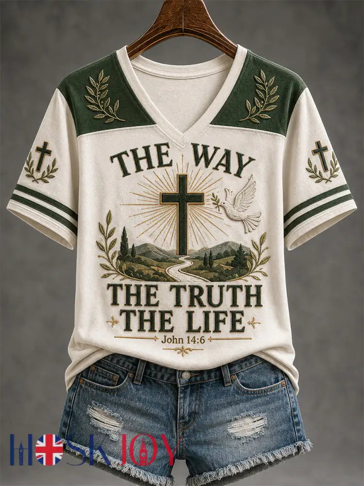 Women’s The Way The Truth The Life Print Casual V-Neck Tee - Apricot / S