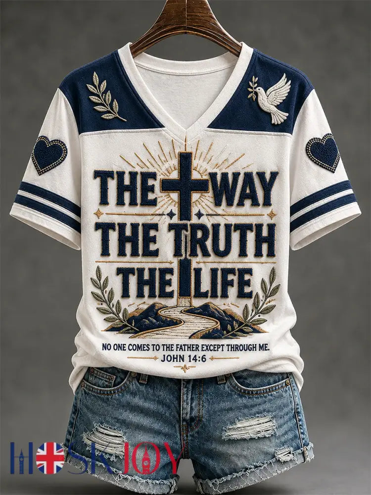 Women’s The Way The Truth The Life Print Casual V-Neck Tee - Creamy-White / S