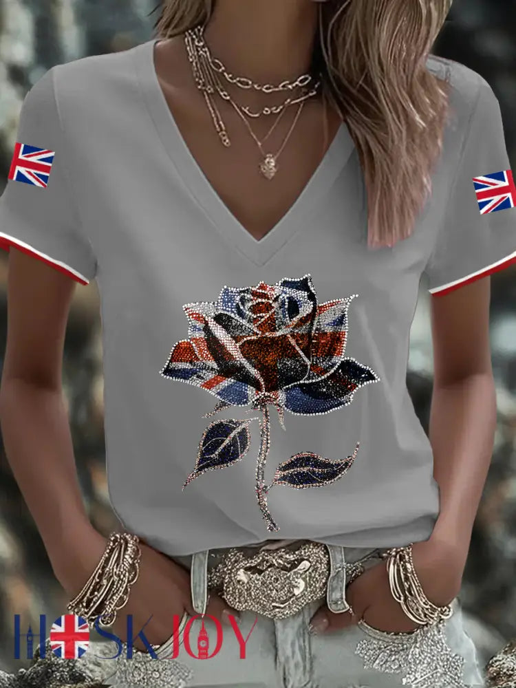 Women’s UK Flag Art Printed T-shirt - Light Gray / S