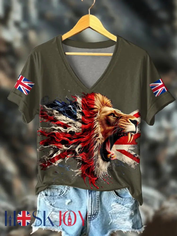 Women’s UK Flag Lion Printed T-shirt - Army Green / S