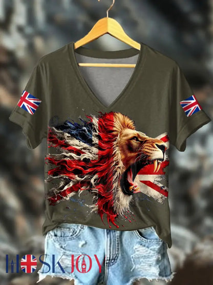 Women’s UK Flag Lion Printed T-shirt - Army Green / S