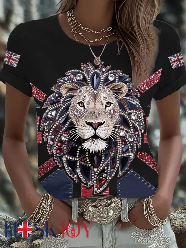 Women’s UK Flag Lion Printed T-shirt - Black / S