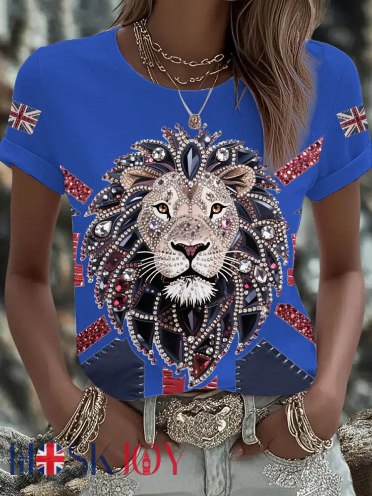 Women’s UK Flag Lion Printed T-shirt - Blue / S