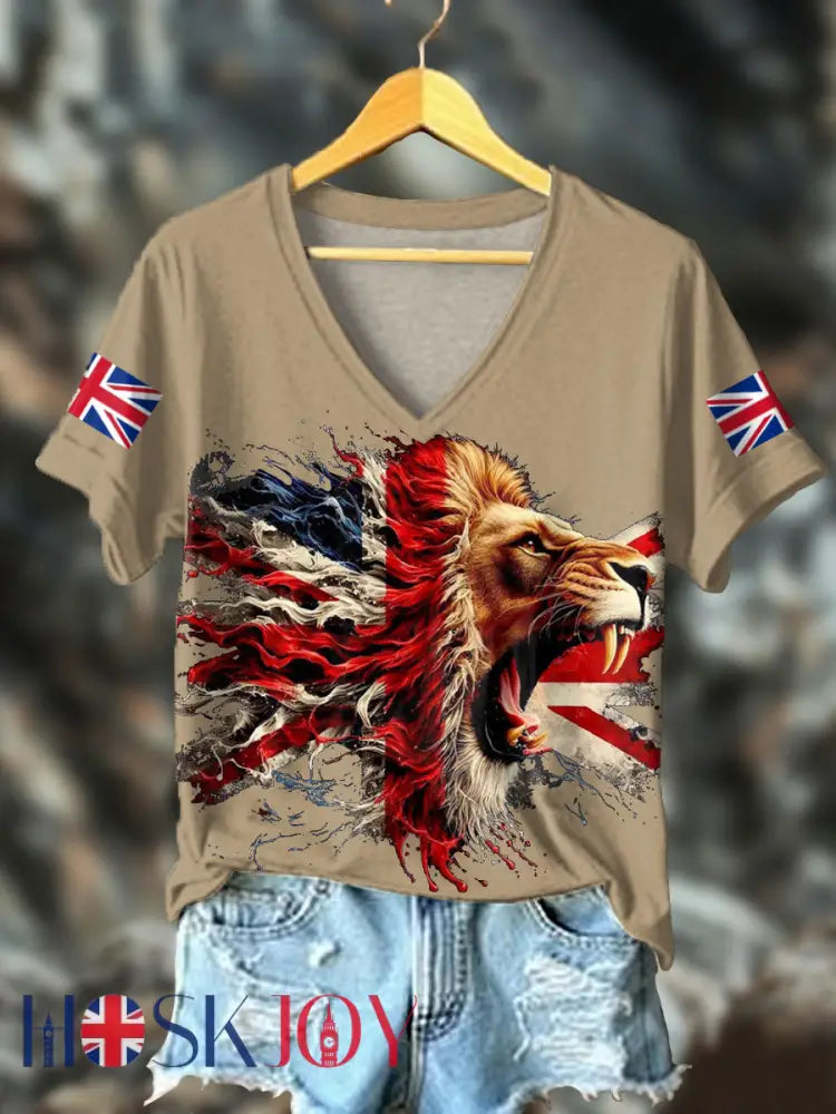 Women’s UK Flag Lion Printed T-shirt - Khaki / S