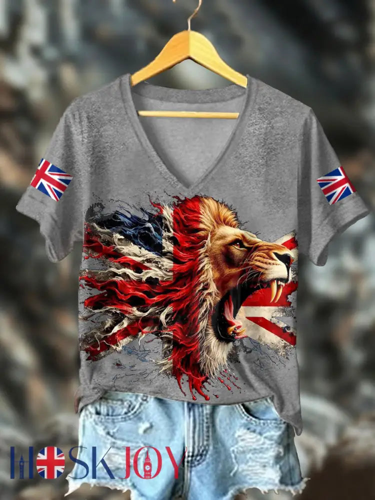 Women’s UK Flag Lion Printed T-shirt - Light Gray / S