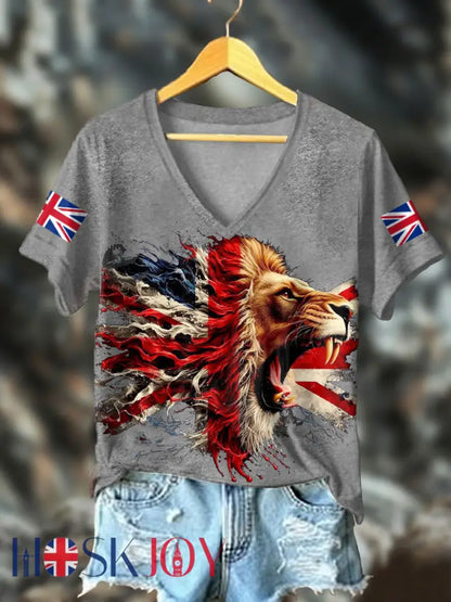 Women’s UK Flag Lion Printed T-shirt - Light Gray / S