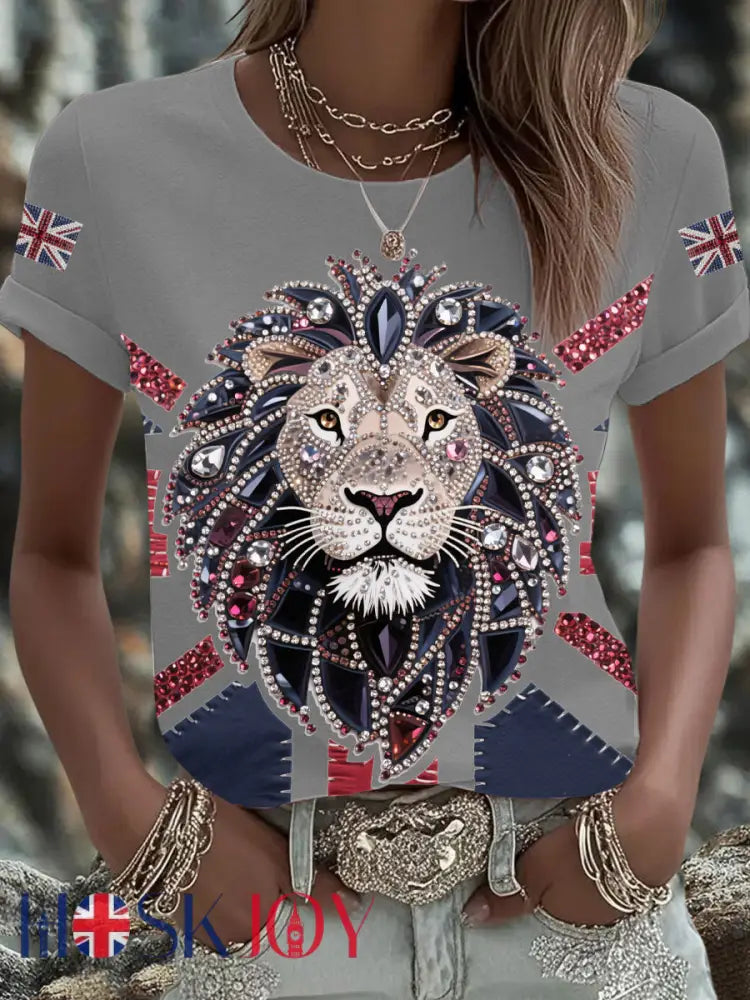 Women’s UK Flag Lion Printed T-shirt - Light Gray / S