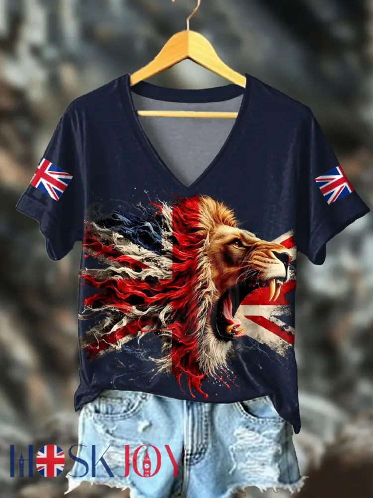 Women’s UK Flag Lion Printed T-shirt - Navy Blue / S