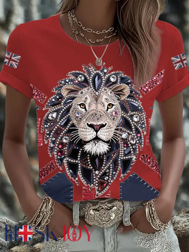 Women’s UK Flag Lion Printed T-shirt - Red / S