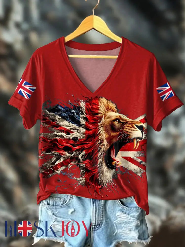 Women’s UK Flag Lion Printed T-shirt - Red / S