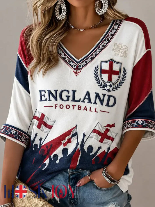 Women’s UK Football Lover England Printed Mid-length Sleeves V-Neck T-Shirt - As picture / S
