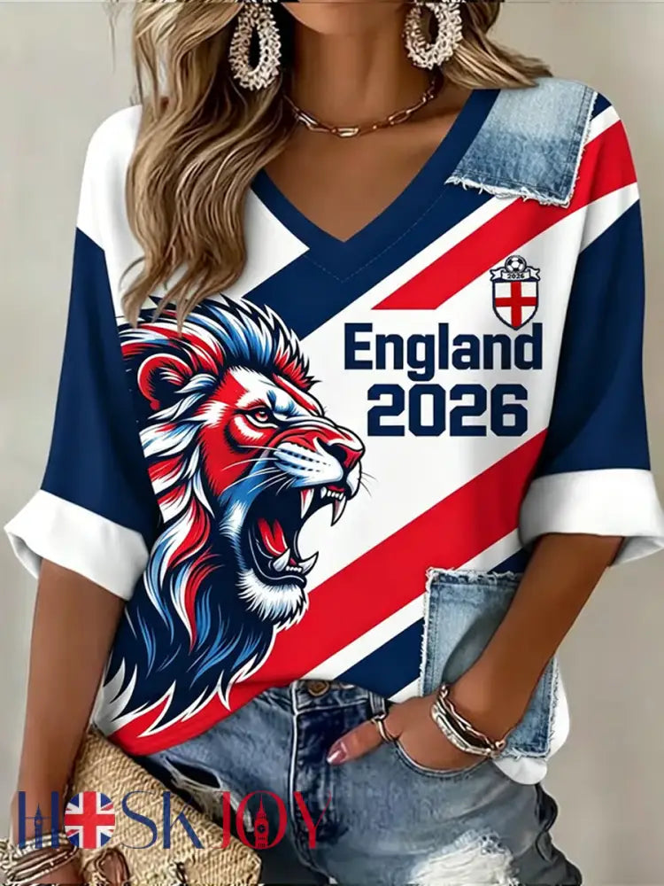 Women’s UK Football Lover England Printed Mid-length Sleeves V-Neck T-Shirt - As picture / S