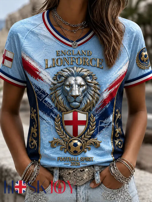 Women’s UK Football Lover England Printed V-neck off-shoulder short-sleeved T-shirt - Blue / S