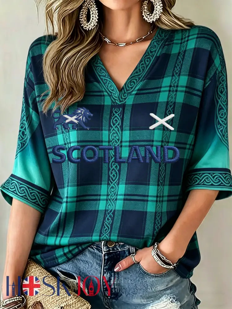 Women’s UK Football Lover Scotland Printed Mid-length Sleeves V-Neck T-Shirt - As picture / S