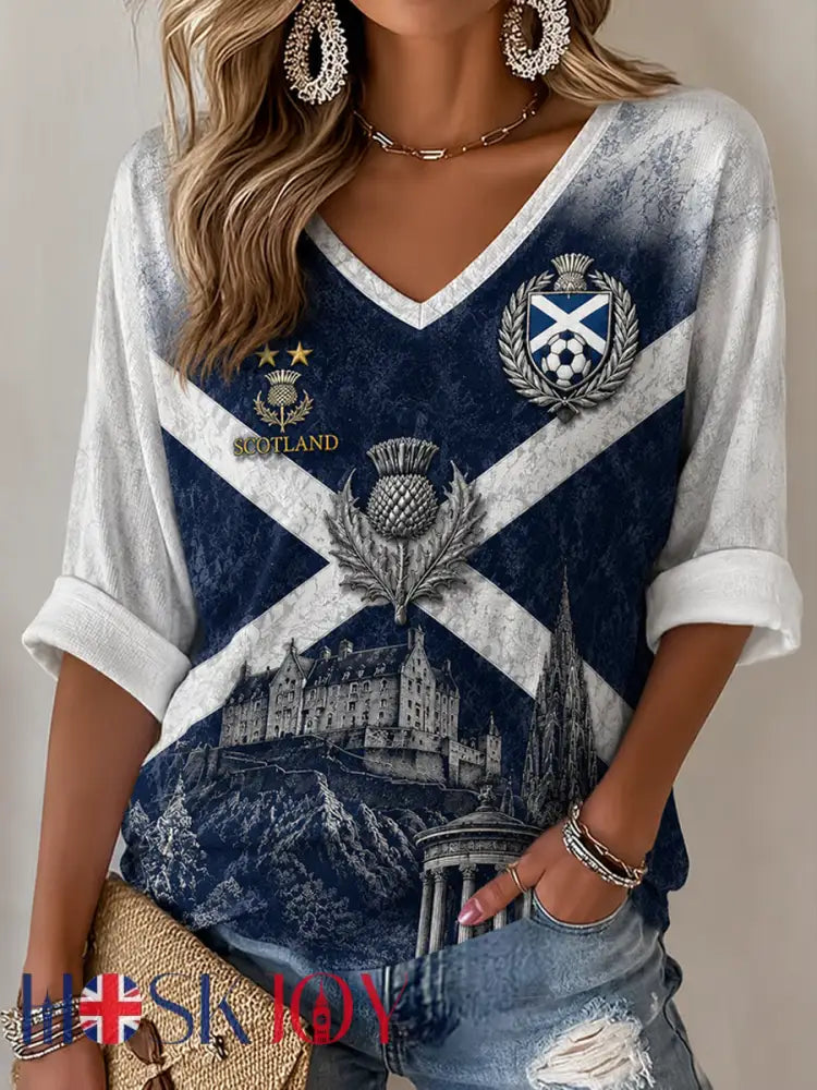 Women’s UK Football Lover Scotland Printed Mid-length Sleeves V-Neck T-Shirt - As picture / S