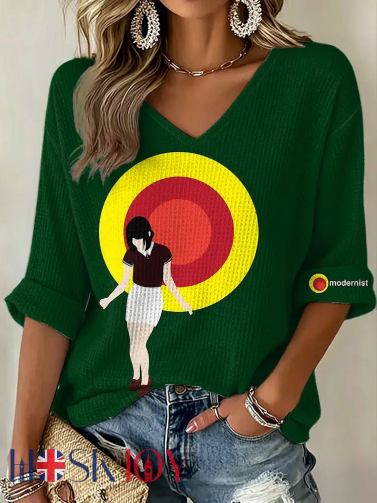 Women’s UK Mods Music Lover Printed Waffle T-shirt - Dark Green / S
