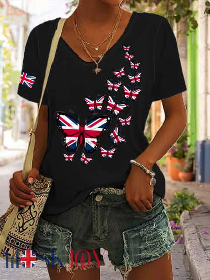 Women’s Union Jack Butterfly V-neck T-shirt - Black / S