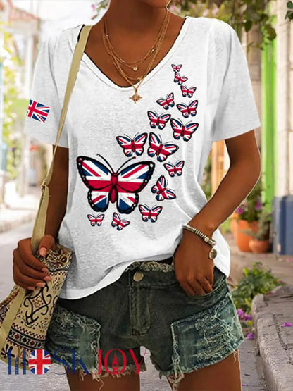 Women’s Union Jack Butterfly V-neck T-shirt - White / S