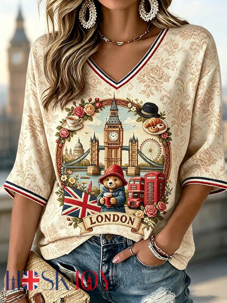 Women’s V-neck Mid-Sleeve Padding Bear Printed Casual T-shirt - Apricot / S