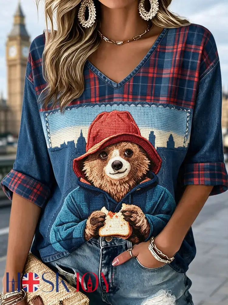 Women’s V-neck Mid-Sleeve Padding Bear Printed Casual T-shirt - Blue / S