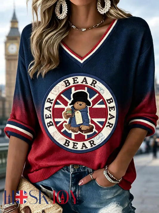 Women’s V-neck Mid-Sleeve Padding Bear Printed Casual T-shirt - Deep Blue / S
