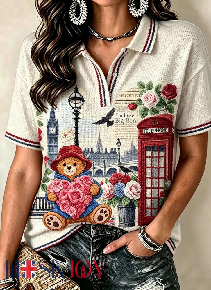 Women’s V-neck Mid-Sleeve Paddington Bear Printed Casual T-shirt - Apricot / S