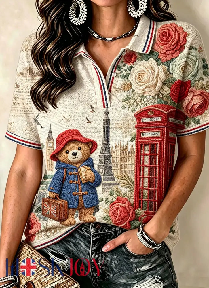 Women’s V-neck Mid-Sleeve Paddington Bear Printed Casual T-shirt - Apricot / S