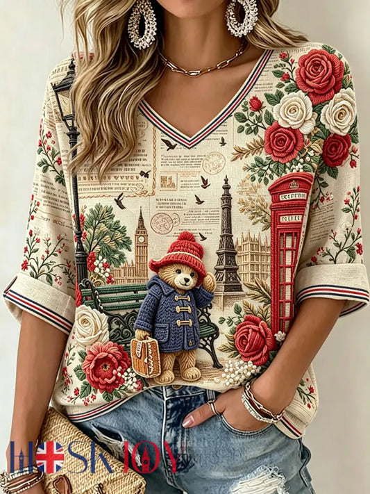Women’s V-neck Mid-Sleeve Paddington Bear Printed Casual T-shirt - Apricot / S