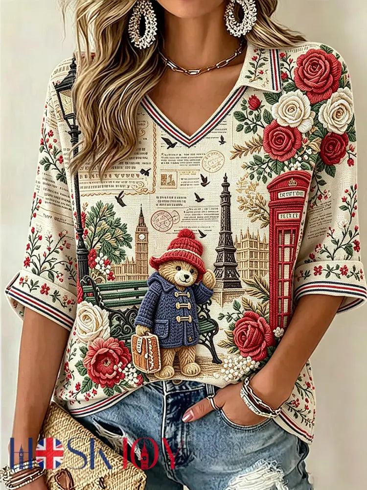 Women’s V-neck Mid-Sleeve Paddington Bear Printed Casual T-shirt - Apricot / S