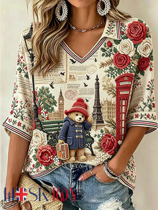 Women’s V-neck Mid-Sleeve Paddington Bear Printed Casual T-shirt - Apricot / S