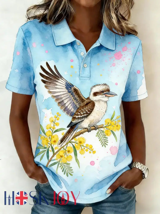 Women’s Vintage Aussie Cute Kingfisher Casual Comfortable Short Sleeve Polo Shirt Light Blue / S