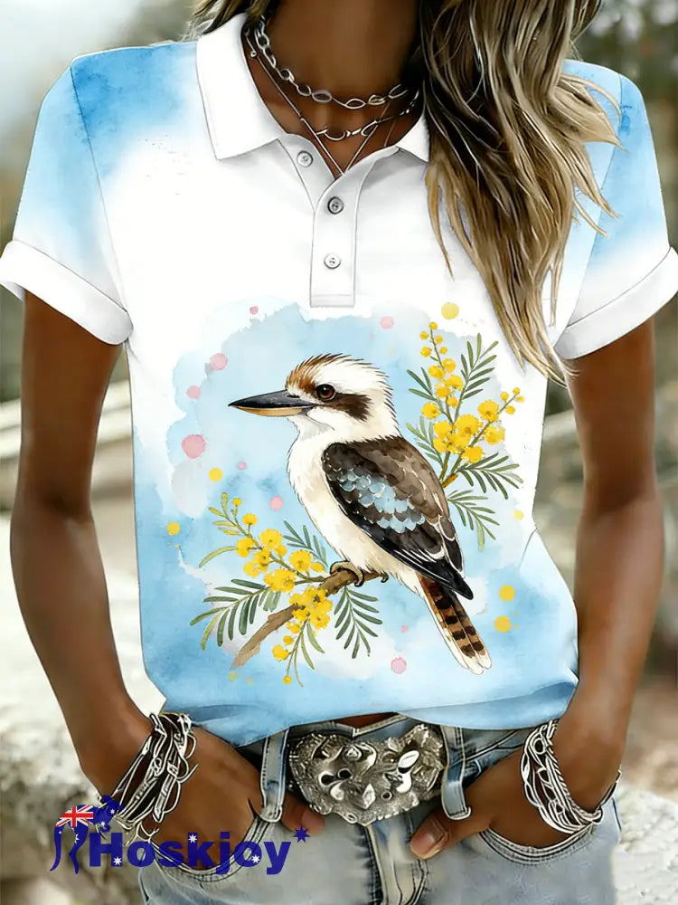 Women’s Vintage Aussie Cute Laughing Kingfisher Casual Short Sleeve Polo Shirt Blue / S