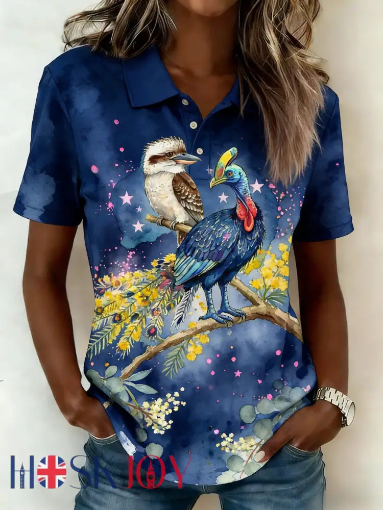Women’s Vintage Aussie Cute Laughing Kingfisher Lyrebird Casual Comfortable Short Sleeve T-Shirt Blue / S