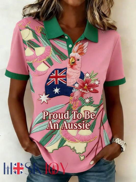 Women’s Vintage Aussie Cute Pink Cockatoo Casual Comfortable Short Sleeve Polo Shirt Pink / S