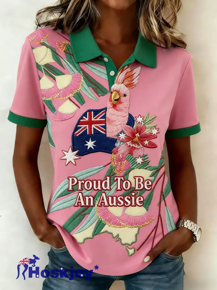Women’s Vintage Aussie Cute Pink Cockatoo Casual Comfortable Short Sleeve Polo Shirt Pink / S