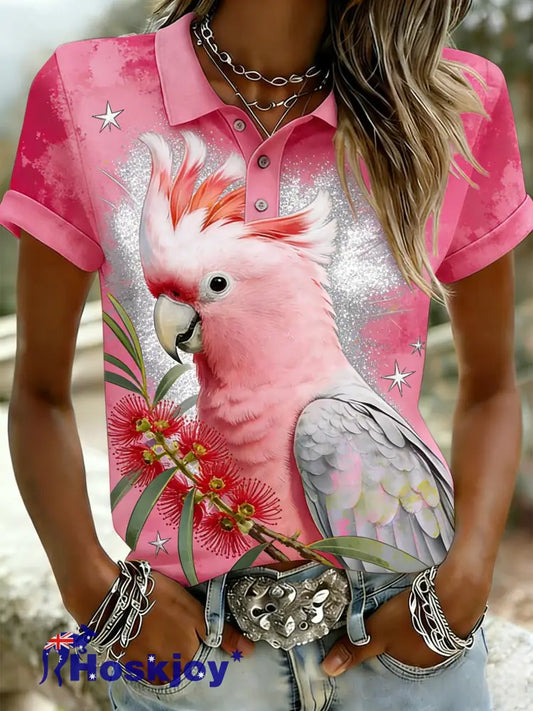 Women’s Vintage Aussie Cute Pink Cockatoo Casual Comfortable Short Sleeve Polo Shirt Pink / S
