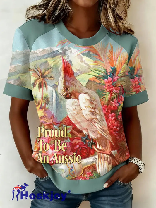 Women’s Vintage Aussie Cute Pink Cockatoo Casual Comfortable Short Sleeve T-Shirt Green / S