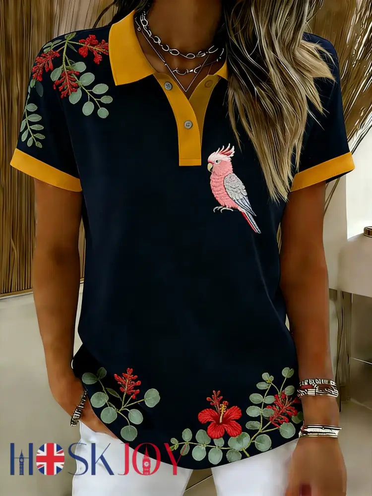 Women’s Vintage Aussie Cute Pink Cockatoo Casual Comfortable Short Sleeve T-Shirt Navy Blue / S
