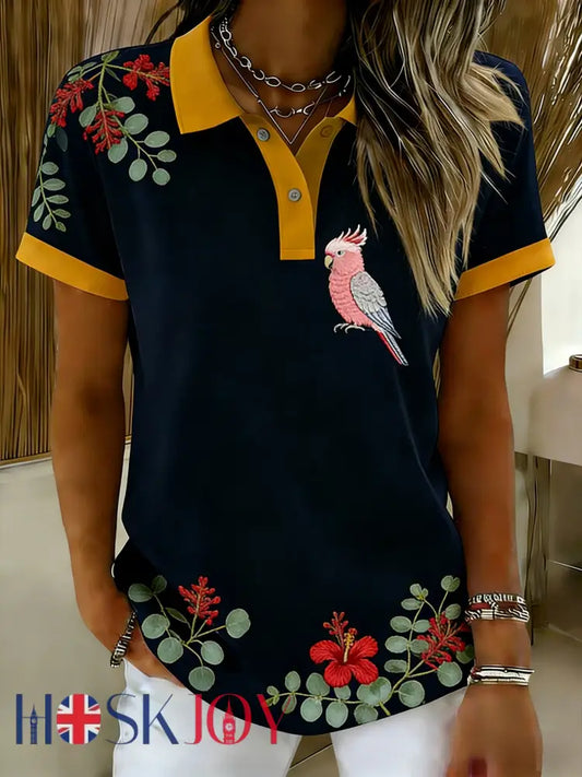 Women’s Vintage Aussie Cute Pink Cockatoo Casual Comfortable Short Sleeve T-Shirt Navy Blue / S