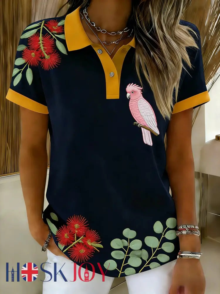 Women’s Vintage Aussie Cute Pink Cockatoo Casual Comfortable Short Sleeve T-Shirt Navy Blue / S