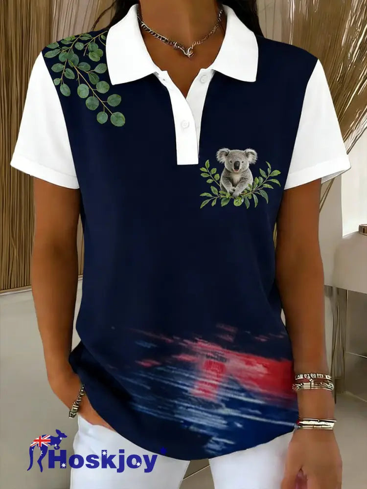 Women’s Vintage Australian Art Printed Casual Cotton Short Sleeve Polo Shirt Navy Blue / S
