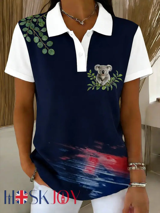 Women’s Vintage Australian Art Printed Casual Cotton Short Sleeve Polo Shirt Navy Blue / S