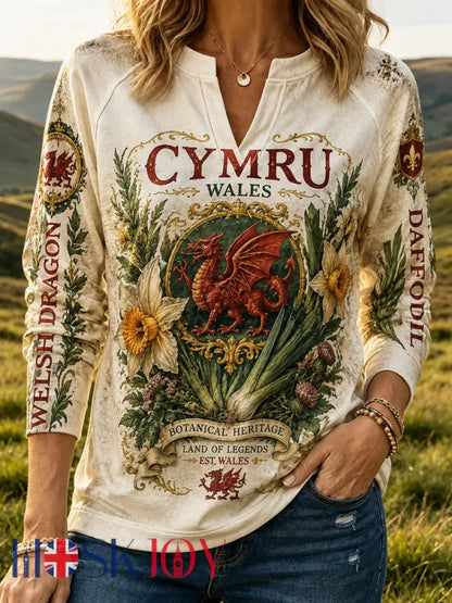 Women’s Vintage British Welsh Patterned V-Neck Sweatshirt