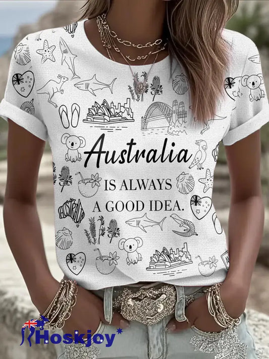 Women’s Vintage Happy Australia Day Art Print Casual Cotton Short-Sleeved T-Shirt White / S