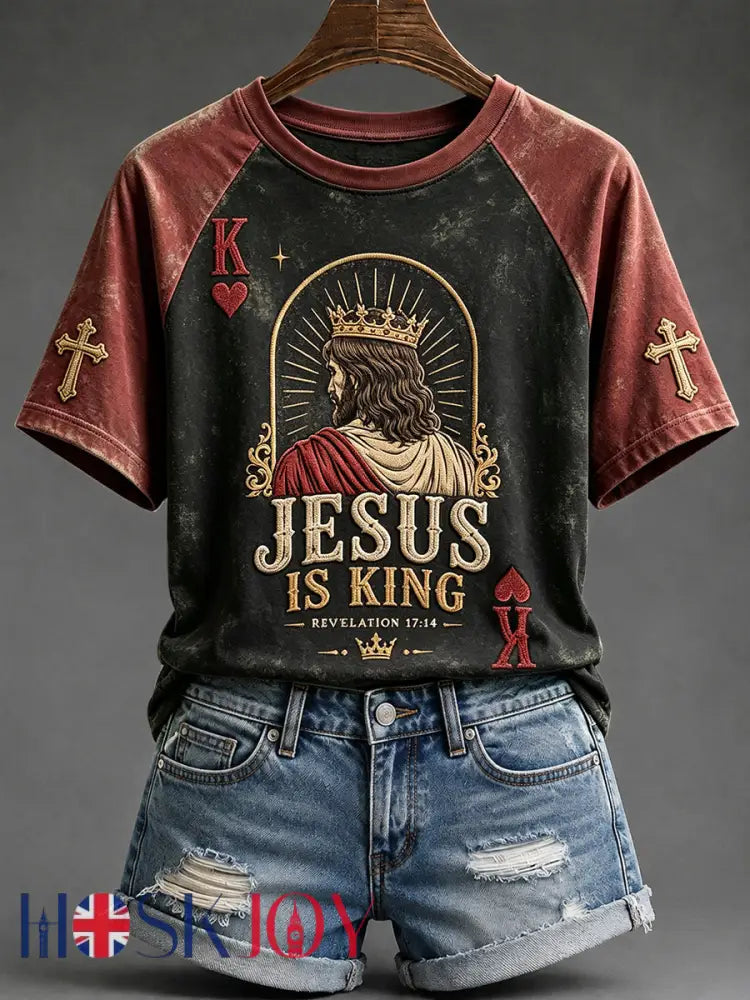Women’s Vintage Jesus Is King Playing Card Art Print Round Neck Short Sleeve T-shirt - Black / S