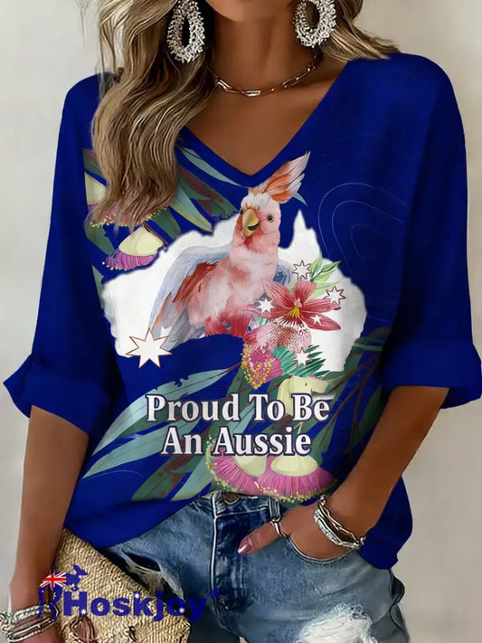 Women’s Vintage Proud To Be An Aussie Casual Long-Sleeve Waffle Top Navy Blue / S