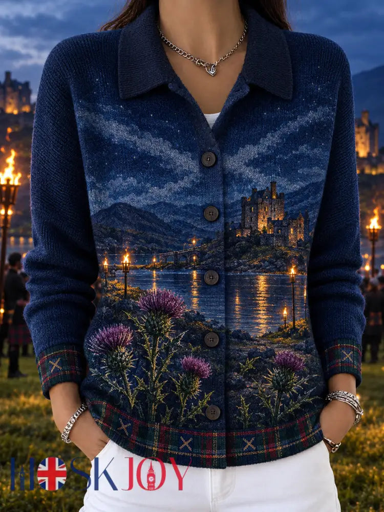 Women‘s Vintage Scottish St Andrew’s Day Printed Long-sleeve Cardigan Sweater - A / S