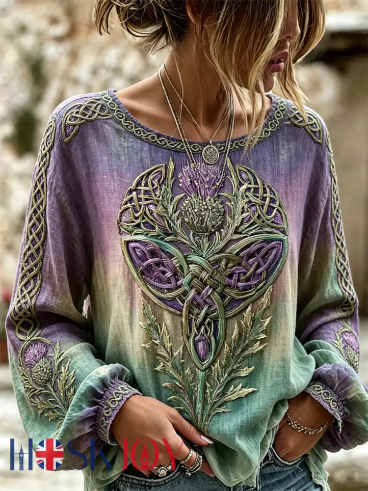 Women’s Vintage Thistle Celtic Knot Print Gradient Cotton-Linen Shirt - Purple / S