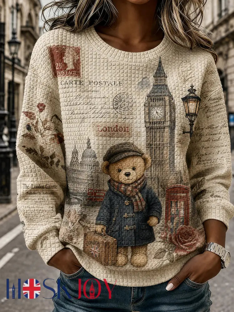 Women’s Waffle-Knit Sweatshirt With Cute Teddy Bear Print - A / S
